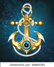 Gold steampunk anchor with white rope and clock on turquoise background.