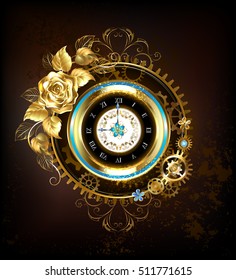 Gold steampunk clock, decorated with gold, and gold jewelry rose gears.