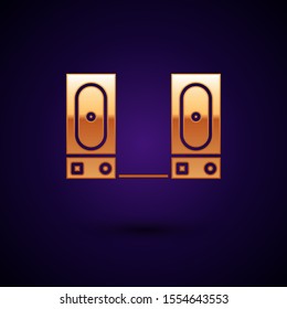 Gold Stereo speaker icon isolated on dark blue background. Sound system speakers. Music icon. Musical column speaker bass equipment.  Vector Illustration