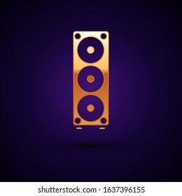 Gold Stereo speaker icon isolated on dark blue background. Sound system speakers. Music icon. Musical column speaker bass equipment.  Vector Illustration