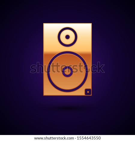 Gold Stereo speaker icon isolated on dark blue background. Sound system speakers. Music icon. Musical column speaker bass equipment.  Vector Illustration