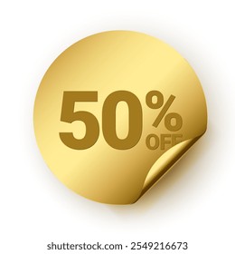 Gold sticker label, Golden Sale 50% off  Round Circle curl shiny glossy badge vector design, use to your product discount advertisement , shopping low price