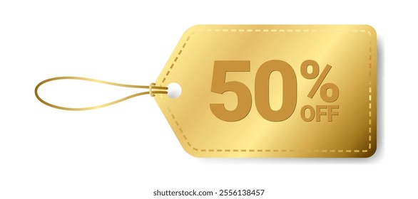 Gold sticker label, Golden Sale 50% off Rectangle Round shiny glossy badge with hanging vector design, use to your product discount advertisement , shopping low price banner for store or website