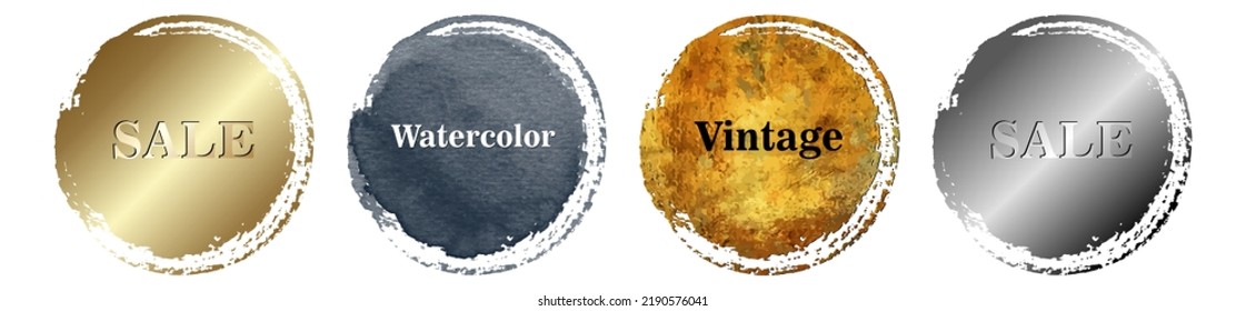 Gold sticker. Set of vector template for design. Watercolor and metallic paint stain. Golden flyer. Hand drawn golden texture. Gold paint. Luxury backdrop for design. Grunge empty blank for text.