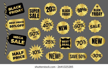 Gold sticker, tag, sale, best price, black friday, discount, new. Round shiny smooth metal emblem. Award, medal oval element with uneven wavy zigzag edge, star shape. Isolated on black background EPS