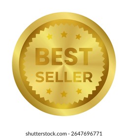 Gold sticker, template, label. Round shiny luxury premium vip metalic emblem Best Seller. Award, medal with star. Isolated element on transparent background EPS10 Vector