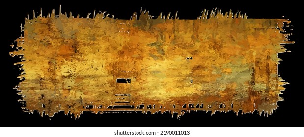 Gold sticker. Vector template for design. Stain of metallic paint on a black background. Golden flyer. Hand drawn golden texture. Gold paint. Luxury backdrop for design. Vintage empty blank for text.