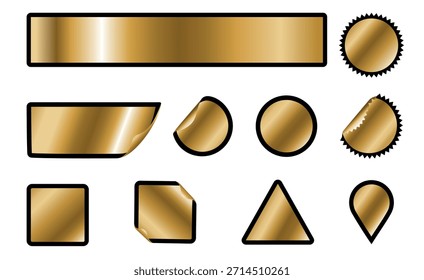 Pegatinas doradas con bordes rizados, Ilustración vectorial. Elementos de sellos de oro de lujo. Colección de insignias de dibujos animados premium y pegatinas con brillo dorado y una textura de papel brillante.