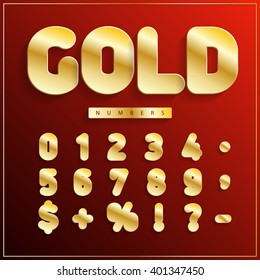 Gold stickers paper numbers. Gold sparkles font and numerals. Best to use for printed cards, labels, present, gift, sale, new year, christmas. Vector illustration.