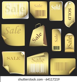 gold stickers and tags set with bar codes. set 05 isolated on black background. vector illustration