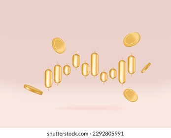 Gold stock market trading with golden graph in market. Sell and buy money cash and exchange with finance. 3d trading stock vector for investment render.