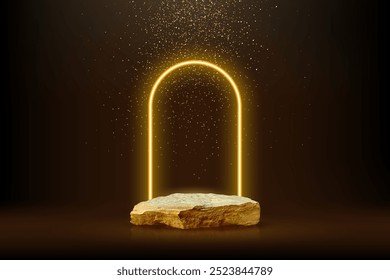 Gold stone award podium vector illustration. Abstract empty 3d golden rock stage with neon glowing arc frame on black background. Luxury product presentation, beauty industry design.