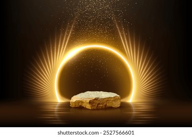 Gold stone award podium vector illustration. Abstract empty 3d golden rock stage with neon glowing round frame and light rays on black background. Luxury product presentation, beauty industry design.