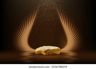 Ilustração vetorial do pódio do prêmio de pedra de ouro. Abstrato vazio 3d palco de rocha dourada com raios de luz sobre fundo preto. Apresentação de produto de luxo, design glamouroso para a indústria da beleza