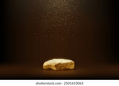 Fondo de podio de piedra dorada. Exhibición del producto del soporte de roca dorado. Abstractas pedestal de mármol de premio vacío con confeti chispeante lluvia cayendo desde arriba. Moderno Vector realista de lujo cosmético mínimo.