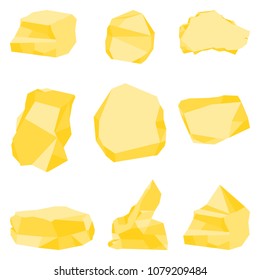 Gold stones. Extraction of precious stones and nuggets. Minerals and ore mining. Flat vector cartoon illustration. Objects isolated on white background.