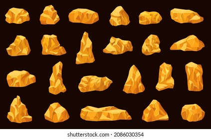 Gold stones. Natural gems, golden mines elements. 3d gaming rocks, natural gemstones isolated on black. Yellow nuggets exact vector collection