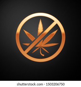 Gold Stop marijuana or cannabis leaf icon isolated on black background. No smoking marijuana. Hemp symbol.  Vector Illustration