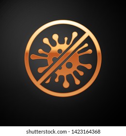 Gold Stop virus, bacteria, germs and microbe icon isolated on black background. Antibacterial and antiviral defence, protection infection.  Vector Illustration