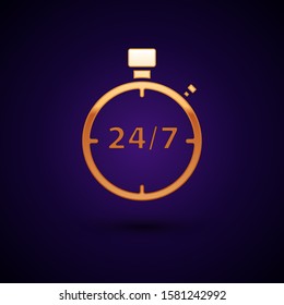 Gold Stopwatch 24 hours icon isolated on dark blue background. All day cyclic icon. 24 hours service symbol.  Vector Illustration