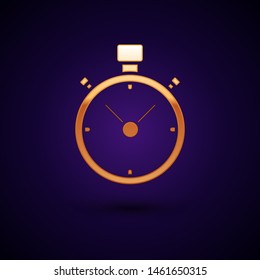 Gold Stopwatch icon isolated on dark blue background. Time timer sign. Chronometer sign.  Vector Illustration