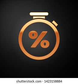 Gold Stopwatch and percent discount icon isolated on black background. Time timer sign. Vector Illustration