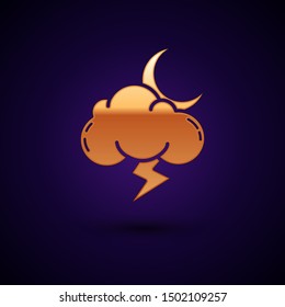 Gold Storm icon isolated on dark blue background. Cloud with lightning and moon sign. Weather icon of storm.  Vector Illustration