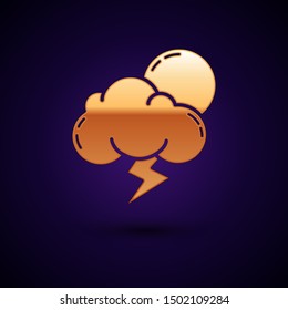 Gold Storm icon isolated on dark blue background. Cloud with lightning and sun sign. Weather icon of storm. Vector Illustration Gold Storm icon isolated on dark blue background. Cloud with lightning and sun sign. Weather icon of storm. Vector Illustration