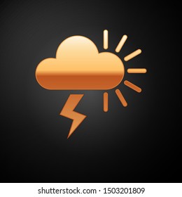Gold Storm icon isolated on black background. Cloudy with lightning and sun sign. Weather icon of storm.  Vector Illustration