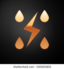 Gold Storm icon isolated on black background. Drop and lightning sign. Weather icon of storm.  Vector Illustration