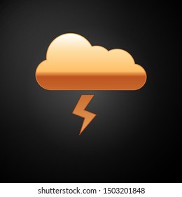 Gold Storm icon isolated on black background. Cloud and lightning sign. Weather icon of storm.  Vector Illustration