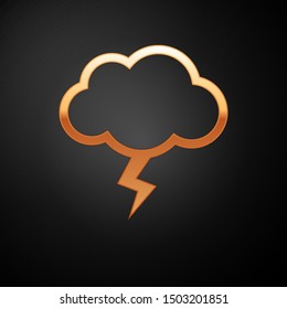 Gold Storm icon isolated on black background. Cloud and lightning sign. Weather icon of storm.  Vector Illustration