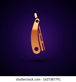 Gold Straight razor icon isolated on dark blue background. Barbershop symbol.  Vector Illustration