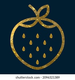 Gold strawberry badge. Berry. Symbol. Scribble style. Emblem. Vector. Outline. Linear graphics. Cooking. Button. Dark background. Close-up.