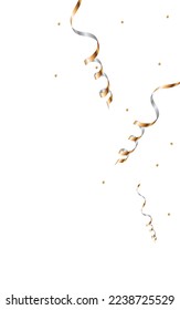 Gold Streamer Abstract Vector White Background. Christmas Spiral Poster. Confetti Party Invitation. Golden Celebration Design.