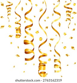 Gold Streamer Birthday Background with Gold Streamer and Confetti, vector illustration