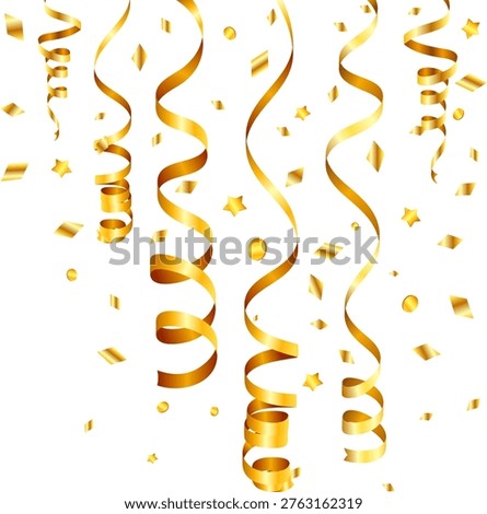 Gold Streamer Birthday Background with Gold Streamer and Confetti, vector illustration