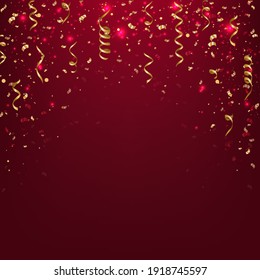 Gold Streamer With Confetti Birthday Card, Vector Illustration