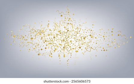 Gold Streamer Decoration Vector Gray Background. Flying Star Illustration. Ribbon Carnival Plant. Golden Shiny Template.
