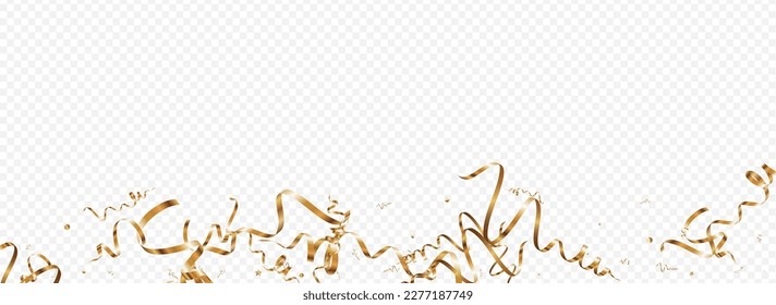 Gold Streamer Decoration Vector Panoramic Transparent Background. Flying Serpentine Invitation. Confetti Celebrate Illustration. Golden Shiny Branch.