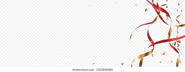Gold Streamer Falling Vector Panoramic Transparent Background. Party Ribbon Plant. Spiral Abstract Poster. Burgundy and Luxury Paper Illustration.