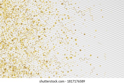 Gold Streamer Festive Vector Transparent Background. Isolated Spiral Design. Star Swirl Illustration. Golden Christmas Template.
