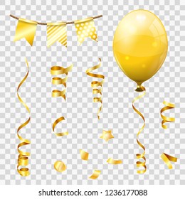 Gold Streamer and golden confetti, twisted ribbons, balloons, flags. Birthday, Carnival, Christmas, Party, New Year Decoration. Isolated vector illustration on transparent background