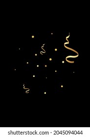 Gold Streamer Shiny Vector Black Background. Decoration Star Design. Confetti Flying Invitation. Golden Abstract Branch.