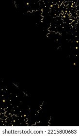 Gold Streamer Shiny Vector Black Background. Flying Confetti Illustration. Star Swirl Plant. Golden Anniversary Poster.