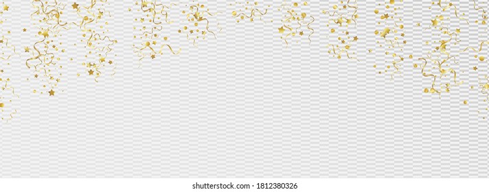 Gold Streamer Shiny Vector Panoramic Transparent Background. Happy Spiral Plant. Serpentine Carnival Illustration. Yellow Party Design.
