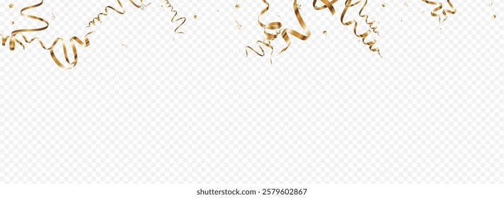 Gold Streamer Swirl Vector Panoramic Transparent Background. Anniversary Ribbon Plant. Spiral Decoration Template. Luxury Paper Branch.