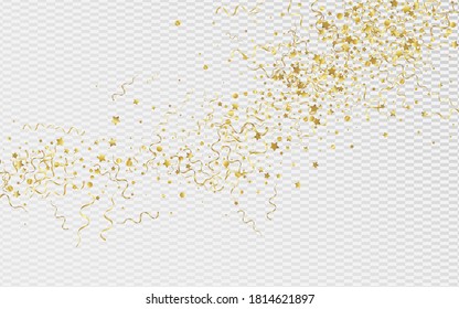 Gold Streamer Swirl Vector Transparent Background. Celebration Star Illustration. Confetti Flying Branch. Yellow Celebrate Invitation.