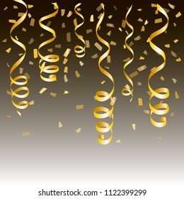 gold streamers. serpentine Christmas party elements. New Year golden curly ribbons, Birthday celebration set of isolated decoration