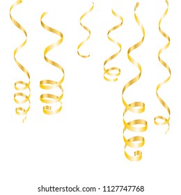 gold streamers. serpentine Christmas party elements. New Year golden curly ribbons, Birthday celebration set of isolated decoration